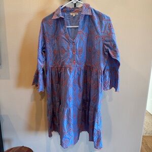 MODPOSA. Baby doll dress with Bell sleeves, eyelet, blue and orange. Medium.
